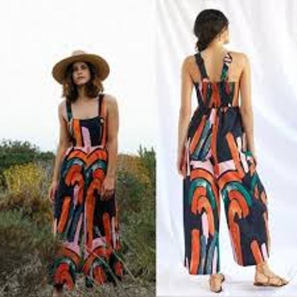 Anthropologie Bel Kazan Arches Wide Leg Jumpsuit Abstract Boho Colorful NEW Sz M - Picture 2 of 11